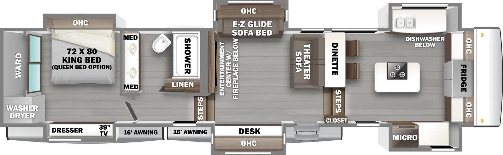 The 421FK has 6 slideouts and one entry. Exterior features two 16 foot awnings. Interior layout front to back: refrigerator with counter and overhead cabinet on each side, off-door side slideout with counter, sink and overhead cabinet, door side slideout with microwave and countertop, kitchen island with cooktop, and dinette along inner wall; steps down to living room and entry; theater sofa along inner wall, off-door side slideout with e-z glide sofa bed with overhead cabinet, door side slideout with desk and overhead cabinet, and entertainment center with fireplace below along inner wall; steps up to rear bedroom and bathroom; off-door side full bathroom with dual sinks and medicine cabinets, and linen closet; rear bedroom with off-door side king bed (optional queen bed) slideout with overhead cabinet, door side slideout with dresser and TV, and rear wardrobe with washer and dryer.